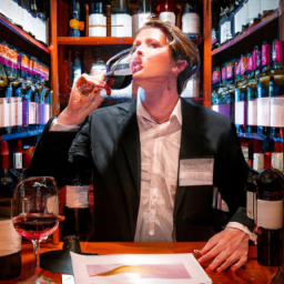 E prompt:Create an image that depicts a sommelier candidate passionately tasting wines, meticulously analyzing color, aroma, and taste, surrounded by shelves of diverse wine bottles, and a framed certificate from the Canadian Association of Professional Sommeliers