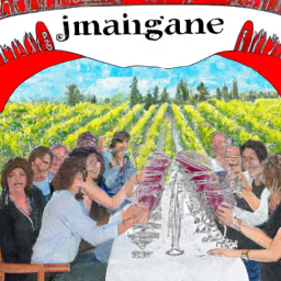 E prompt:Create an image showcasing a vibrant mosaic of diverse wine enthusiasts, representing various ethnicities and genders, raising wine glasses in celebration, surrounded by vineyards and sommelier tools, symbolizing the inclusive and barrier-breaking nature of the Canadian Association of Professional Sommeliers Certification