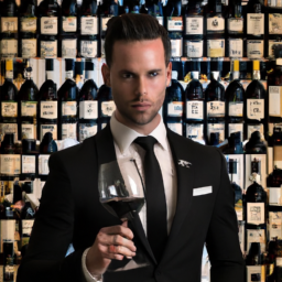 E prompt:Create an image of a confident sommelier in a sleek black suit, holding a wine glass with a focused expression