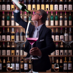 E prompt:Create an image showcasing the Canadian Association of Professional Sommeliers certification: A sommelier elegantly pouring wine into a glass, while an attentive employer observes, surrounded by shelves filled with bottles of various wines from around the world