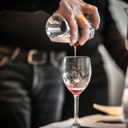 E prompt:Create an image showcasing a sommelier effortlessly pouring a delicate stream of wine into a glass, while competitors remain stagnant in the background
