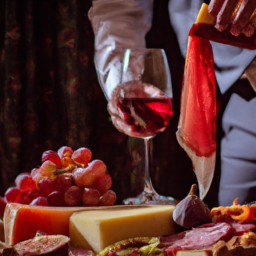 E prompt:Create an image showcasing a sommelier gracefully pouring a deep red wine into a crystal glass, surrounded by an inviting arrangement of artisanal cheeses, delicately sliced charcuterie, and vibrant seasonal fruits