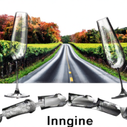 E prompt:Create an image showcasing a winding road stretching through a vineyard, leading towards a gleaming glass filled with wine