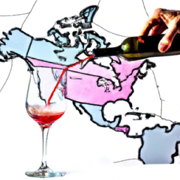 E prompt:Create an image that showcases a sommelier gracefully pouring a vibrant, red wine into a delicate crystal glass, while a map of Canada adorned with grape vines subtly hints at the mastery required for the Canadian Association of Professional Sommeliers Certification