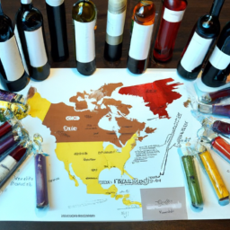 E prompt:Create an image featuring a neatly organized table with bottles of wine from various regions, accompanied by tasting glasses, aroma wheels, study materials, and a map of Canada highlighting key wine-producing areas